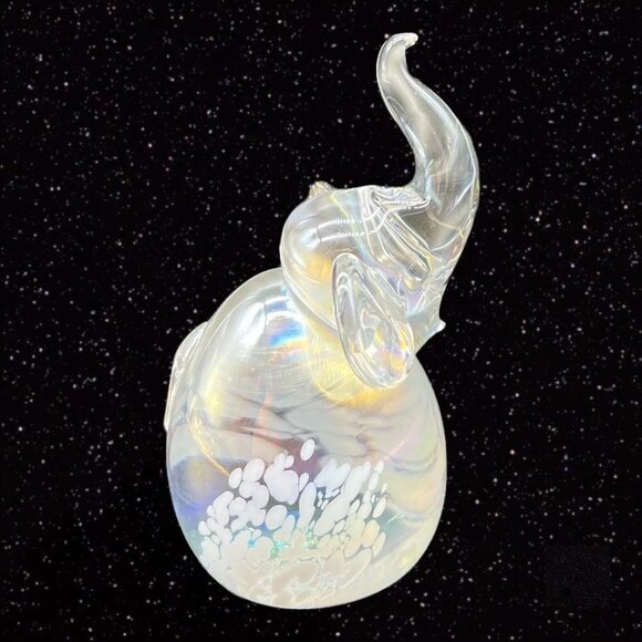 Art Glass Elephant Paperweight Figure Iridescent White Spotted 3.5”T 2.5”W - Picture 2 of 9